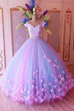 Princess Pink and Blue Ball Gown Prom Dresses with Flowers, Quinceanera Dresses Ball Gown Prom Dresses, Gown Prom Dresses, Beautiful Ball Gowns, Princess Prom Dresses, Blue Ball Gowns, Lace Ball Gowns, Quinceanera Dress, Ball Gowns Evening, فستان سهرة