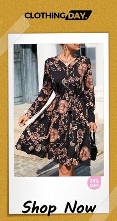 Button Long Sleeve V Neck Tie Swing Print Dress Fall V-neck Midi Dress With Button Closure, Women's Fashion Dresses, Neck Tie, Print Dress, Shop Now, Fashion Dresses, V Neck, Long Sleeve, Black