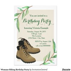 a birthday party card with boots and leaves