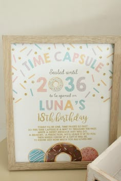 a birthday card with donuts and sprinkles is displayed in a wooden frame