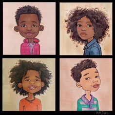 four children's faces with different hair styles and facial expressions, all drawn in colored pencils