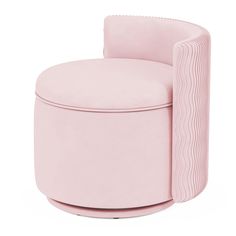 a pink chair with a curved back and foot rest on top of the armrests