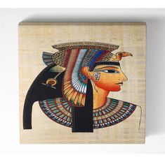 an egyptian painting on wood with a bird perched on it's head and the face of queen nefere