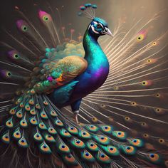 a painting of a peacock with feathers spread out