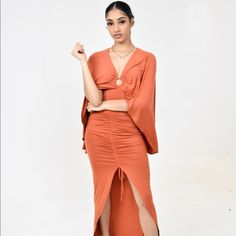 Ruched Detail Dress Front Slit Cape Sleeves 95% Polyester 5% Spandex Cape Sleeves, Rust Dress, Style Board, Dress Details, Color Orange, High Low Dress, High Low, Cape, Colorful Dresses