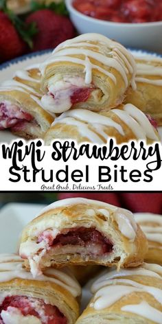 strawberry strudel bites on a plate with strawberries in the background and text overlay that reads mini strawberry strudel bites