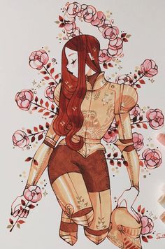 a drawing of a woman with red hair and tattoos on her body, surrounded by flowers