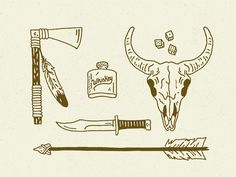 an animal skull with horns, arrows and other items