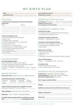 the birth plan is shown in this green and white printable document, which includes information for