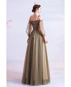 Buy Olive Green Aline Long Tulle Elegant Prom Dress With Lantern Sleeves at wholesale price online. Free shipping and pro custom service since 2009. Green Brown Prom Dress, Sage Green Prom Dress Long Sleeve, Organsa Dress, Iranian Dress, Olive Green Gown, Olive Green Formal Dress, Castle Dresses, Olive Green Prom Dress, Debut Gown