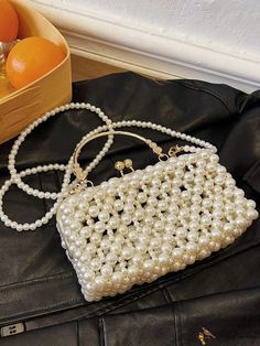 Bird in Bag - French-Style Imitation Pearl Decorated Handbag with Summer-Vibrant Chain Shoulder Crossbody White Party Bag With Chain, Party Bags With Pearl Chain, Rectangular Bags With Pearl Chain, Decorated Handbag, Jewelry Drawing, Beige Bag, Pearl Bag, Beaded Bags, Box Bag