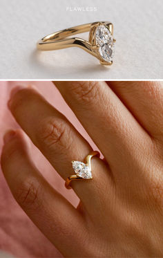 two different views of an engagement ring, one with a pear shaped diamond in the center