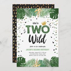 the two wild birthday party card is shown with green leaves and gold confetti