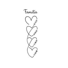 two hearts with the word famiia written on them in cursive writing