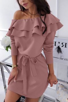 Pink Double Frill Off Shoulder Long Sleeve Dress Feminine Winter Brunch Dresses, Spring Off-shoulder Solid Color Mini Dress, Off-shoulder Solid Color Mini Dress For Spring, Spring Off-shoulder Solid Mini Dress, Spring Solid Color Off-shoulder Mini Dress, Casual Pink Office Dress, Feminine Spring Mini Dress For Office, Spring Off-shoulder Workwear Dresses, Pink Spring Office Dress