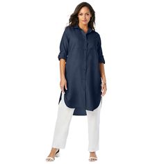 Our best-selling, versatile tunic silhouette is now available in linen! Personalize it with roll-tab sleeves that adjust from long to three-quarter length. Wear it on its own or layered over a tank or tee; tie it at the hip for a chic, sporty look. This must-have piece makes it easier than ever to go from daytime to sunset in style. Plus Size Linen, Thermal Sweater, Tunic Tank Tops, Womens Scrubs, Ladies Of London, Swimsuits For All, Long Tunic, Sporty Look, Linen Women