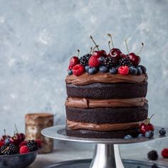 a cake with chocolate frosting and berries on top