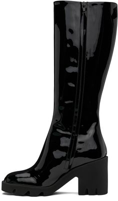 Knee-high patent leather boots in black. · Square toe · Zip closure at inner side · Buffed leather lining · Textured rubber midsole and block heel · Treaded rubber sole · Heel: H3.5 Supplier color: Black Sleek Glossy Boots For Evening, Sleek Glossy Finish Evening Boots, Evening Patent Leather Boots With Sculpted Heel, Luxury Patent Leather High Heel Knee-high Boots, Evening Patent Leather Knee-high Heeled Boots, Sleek Patent Leather Knee-high Boots With High Heel, Evening Patent Leather Heeled Boots With Sculpted Heel, Luxury High Heel Patent Leather Knee-high Boots, Sleek Patent Leather High Heel Knee-high Boots