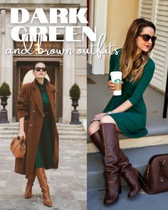 Green And Brown Winter Outfit, Brown And Rust Outfit, Brown With Green Outfits, Emerald Green And Brown Outfit, Green Jacket Brown Pants, Dark Brown Outfit Color Combos, Green With Brown Outfit, Brown Women Outfits, Green And Brown Outfit Ideas