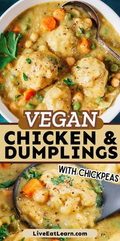 Photo of vegan chicken and dumplings made with chickpeas Vegan Chicken And Dumplings, Chicken And Dumplings Soup, Soy Curls Recipes, Fluffy Dumplings, Vegan Dumplings, Chicken And Dumplings Recipe, Vegan Soul Food, Soy Curls, Vegan Chicken