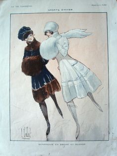 a drawing of two women dressed in winter clothing