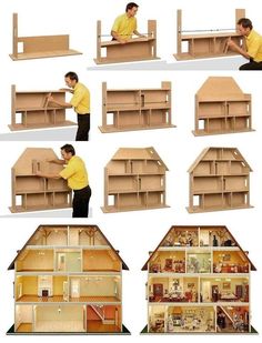 a man is building a dollhouse with wooden shelves and shelving units in it