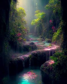 a stream running through a lush green forest filled with trees and flowers in the sunlight