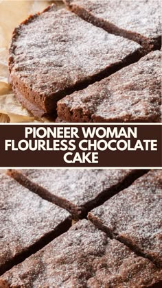 chocolate brownies are stacked on top of each other with the words, pioneer woman flourless chocolate cake