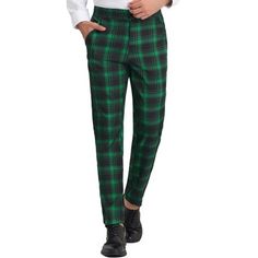 With the fashionable plaid-pattern design, the dress pants give you a different business style. These plaid pants are made of the soft fabric which is smooth and easy to care for daily. Beside, they are designed with an elastic waist, bringing you a comfortable wearing experience. Match the plaid dress pants with your shirts, polo shirts, or blazers for a smart casual style. Mens Plaid Dress Pants, Plaid Flats, Dress Pant Suit, Plaid Dress Pants, Smart Casual Style, Checked Suit, Stretch Dress Pants, Pants Green, Business Dress