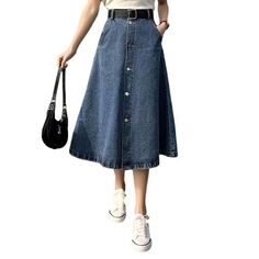 Mid-rise Cotton Denim Skirt With Button Closure, Non-stretch High Waist Denim Skirt For Spring, Non-stretch Mid-rise Denim Skirt For Spring, Denim Skirt With Button Closure For Fall, Fall Denim Skirt With Button Closure, High Waist Denim Skirt For Spring, Fall Denim Skirt With Buttons, Spring Straight Leg Dark Wash Skirt, Summer Straight Leg Skirt With Button Closure