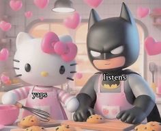 hello kitty and batman cooking together in the kitchen with hearts flying above them, caption reads happy valentine's day