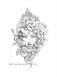 a drawing of a woman with snakes around her head