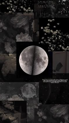 a collage of photos with the moon in the sky and flowers on the ground