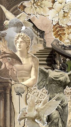 an altered photograph of statues, flowers and other things in the background that are collaged together