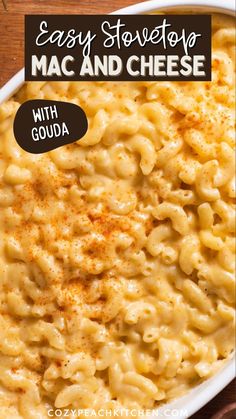 macaroni and cheese in a white bowl with text overlay