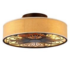 a ceiling light with a beige shade on it