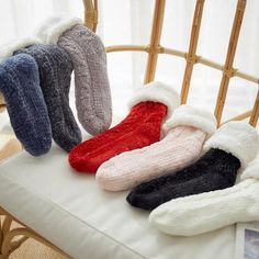 These sassy slipper socks will keep your feet nice and cozy on those cold winter days and nights. Featuring a cable-knit pattern with faux fur lining and a rubber sole design on the bottom to prevent slipping when walking these are sure to be a new favorite part of your lounge wear. Made with a polyester and cotton blend. Comes in 14 fun colors from which to choose. Fluffy Socks, Knitted Socks, Winter Home, Fuzzy Slippers, Fuzzy Socks, Cozy Socks, Fits Women, Winter Socks, Warm Socks