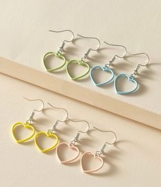 Dante small dangle heart earrings matte colors yellow, blue, peach and green 4 to choose from silver tone under 10 dollars Earring Sets, Funky Earrings, Heart Dangle Earrings, Girly Accessories, Summer Earring, Funky Jewelry, Colorful Earrings, Fancy Jewelry, Girly Jewelry