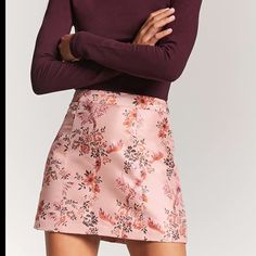 This Skirt Is Pink And Is Satin With Brand New With Tags Feminine Lined Mini Skirt For Fall, Chic Floral Print Mini Skirt For Fall, Fitted Floral Print Mini Skirt For Fall, Fall Floral Print Fitted Mini Skirt, Fall Floral Print Mini Skirt, Fall Pink Lined Mini Skirt, Fall Lined Pink Mini Skirt, Forever 21 Flared Mini Skirt For Spring, Forever 21 Spring Flared Mini Skirt