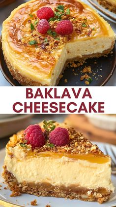 this is a cheesecake with raspberries on top and the words bakalava cheesecake above it