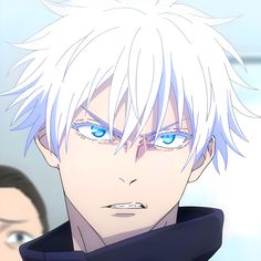 an anime character with white hair and blue eyes looks at the camera while another person stands behind him