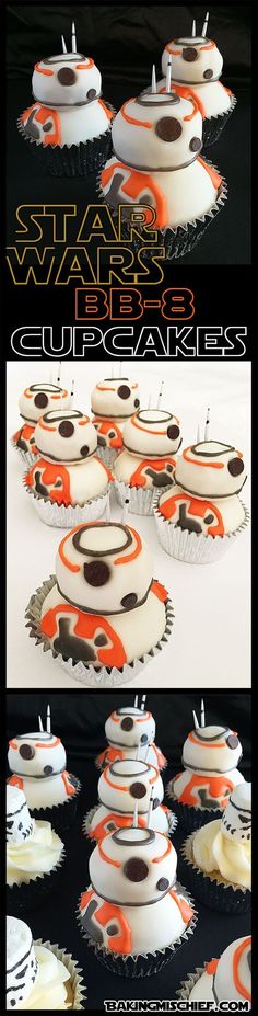 star wars cupcakes with orange and white frosting are arranged on top of each other