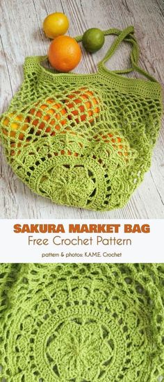 a green crochet bag with oranges on it