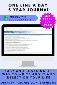 a computer screen with the text, one line day 5 year journal for use with google sheets