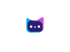 a purple and blue cat icon with two eyes on the bottom right corner, in front of a white background