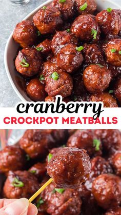 cranberry meatballs in a white bowl with a toothpick on top