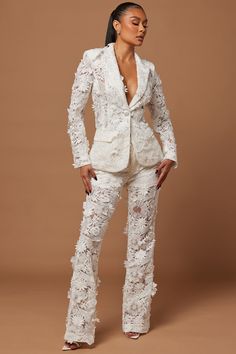 Available In White And Pink. Embroidered Blazer 3D Applique Lapel Collar Long Sleeve w/ Shoulder Pads Front Button Closure Faux Pockets Non Stretch Main: 100% Polyester Imported | Denise Embroidered Blazer in White size XS by Fashion Nova White Lace Pants, Tulle Pants, 3d Applique, Embroidered Blazer, Lace Suit, Flower Pants, Embroidered Pants, Lace Pants, Jumpsuit Elegant