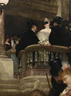 a painting of people dressed in fancy clothing and hats standing on a balcony looking at each other