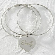 Create lasting Wedding memories with the Personalized Heart Charm Bangle Bracelet. Find the best personalized wedding gifts at PersonalizationMall.com Personalized Heart Bracelet, Custom Charm Bracelet, Heart Bangle Bracelet, Personalized Bridesmaid Gifts, Bangle Bracelets With Charms, Bridesmaids Personalized, Personalized Bracelets, Charm Bangle, Jewelry For Her