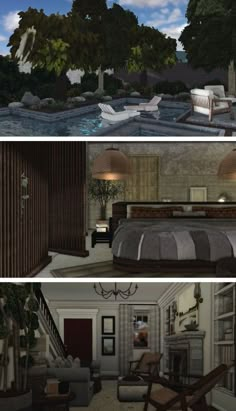 two different views of a bedroom and living room from the same perspective, each with an open floor plan